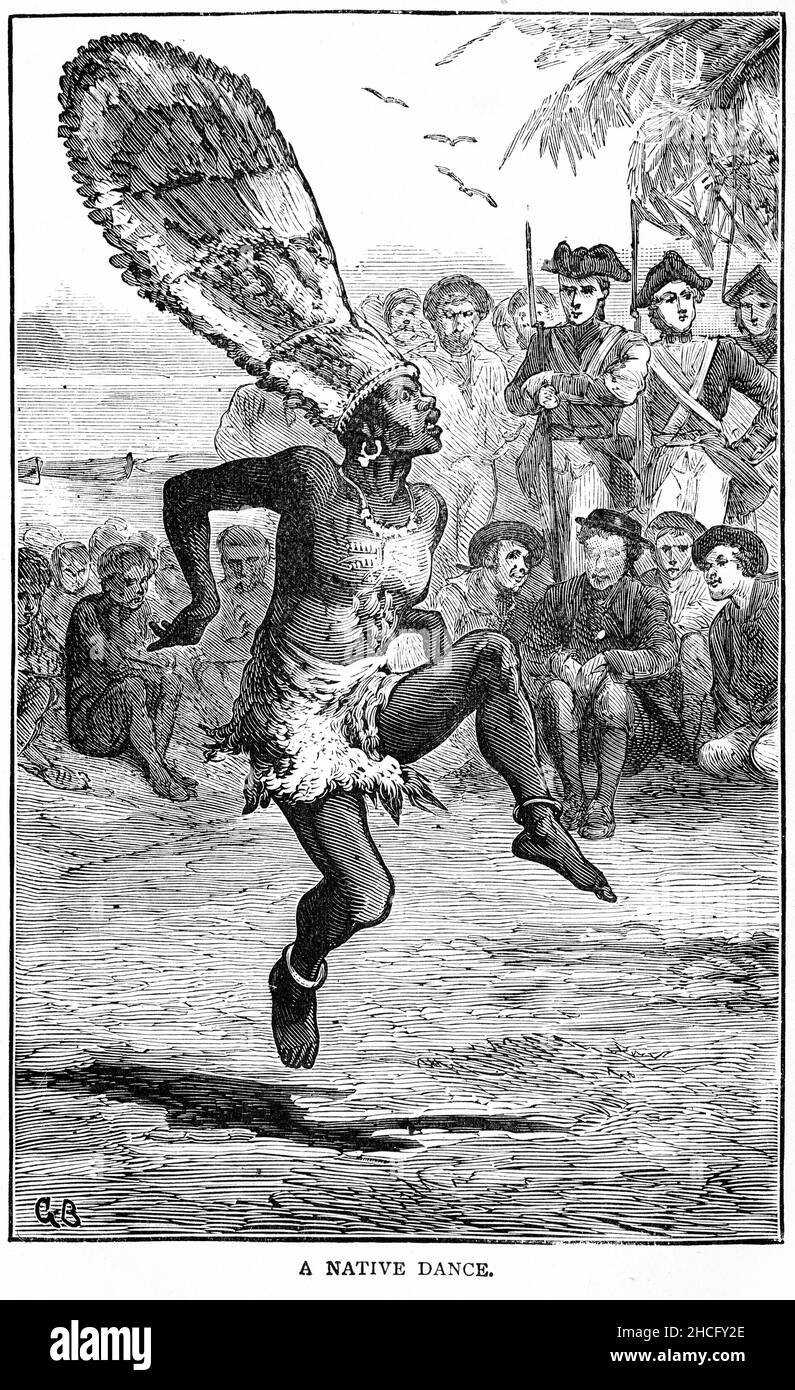 Danza nativa eseguita per l'atterraggio del Capitano Cook durante una delle loro spedizioni di esplorazione alla fine del 1700s, pubblicato circa 1900 Foto Stock