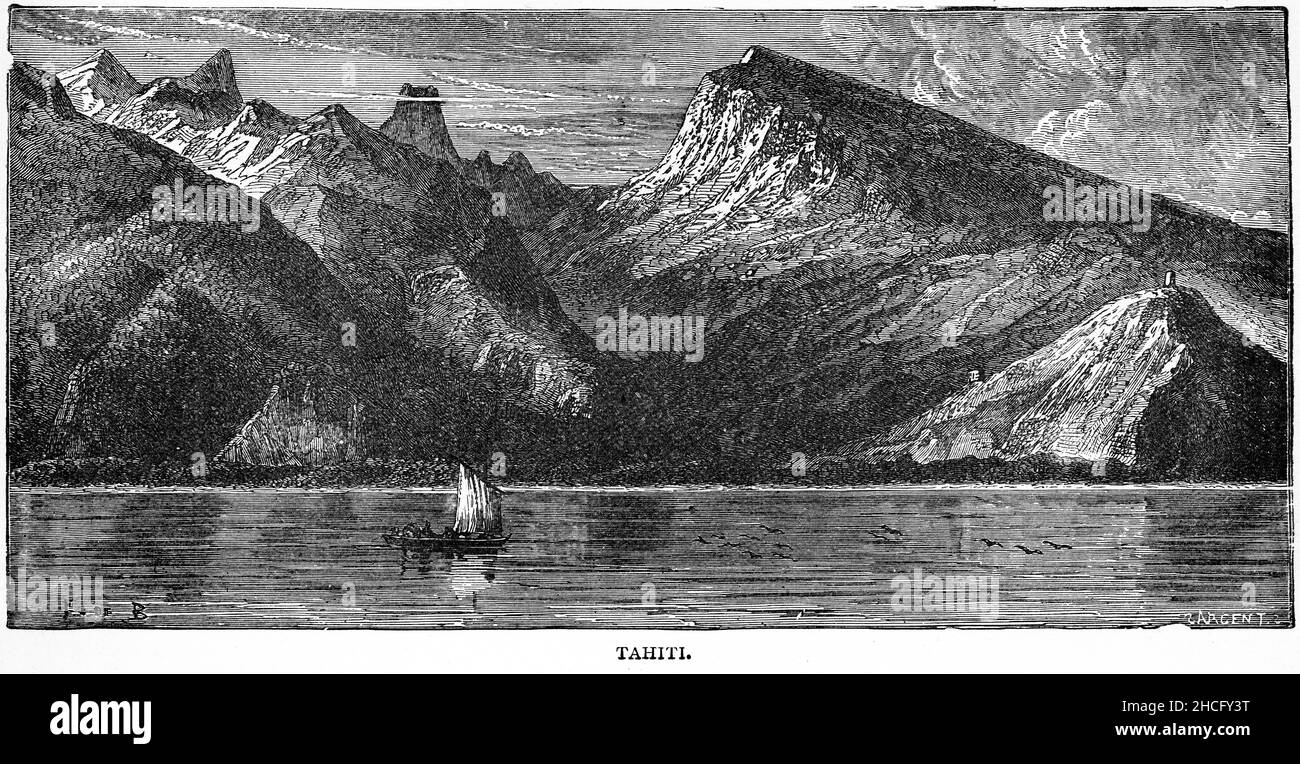 Veduta di Tahiti durante una delle spedizioni di esplorazione di Cook alla fine del 1700s, pubblicato circa 1900 Foto Stock