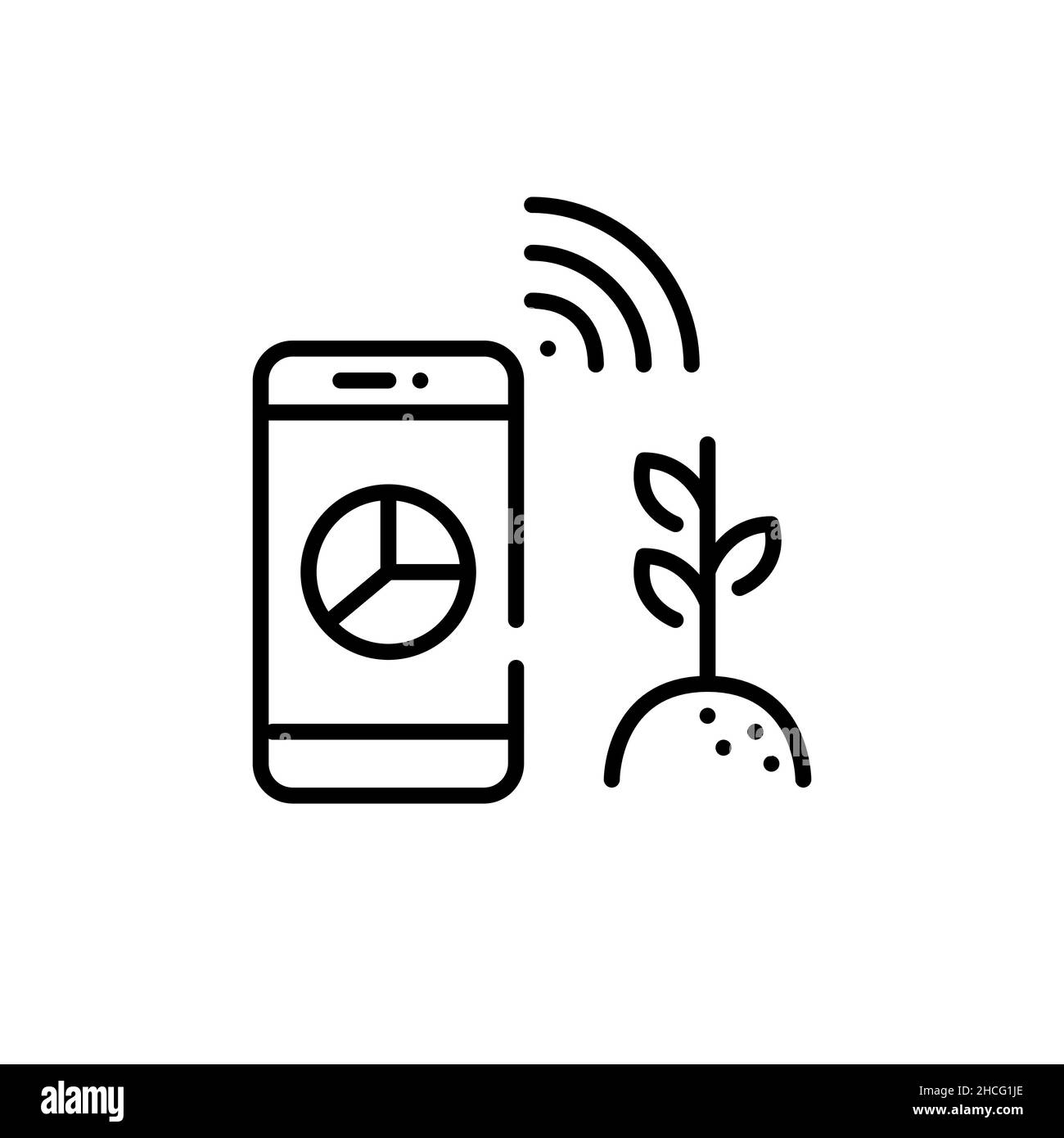 Tecnologia agricola intelligente. Statistiche raccolte con sensori wireless e analizzate su uno smartphone. Icona tratto modificabile pixel Perfect Illustrazione Vettoriale
