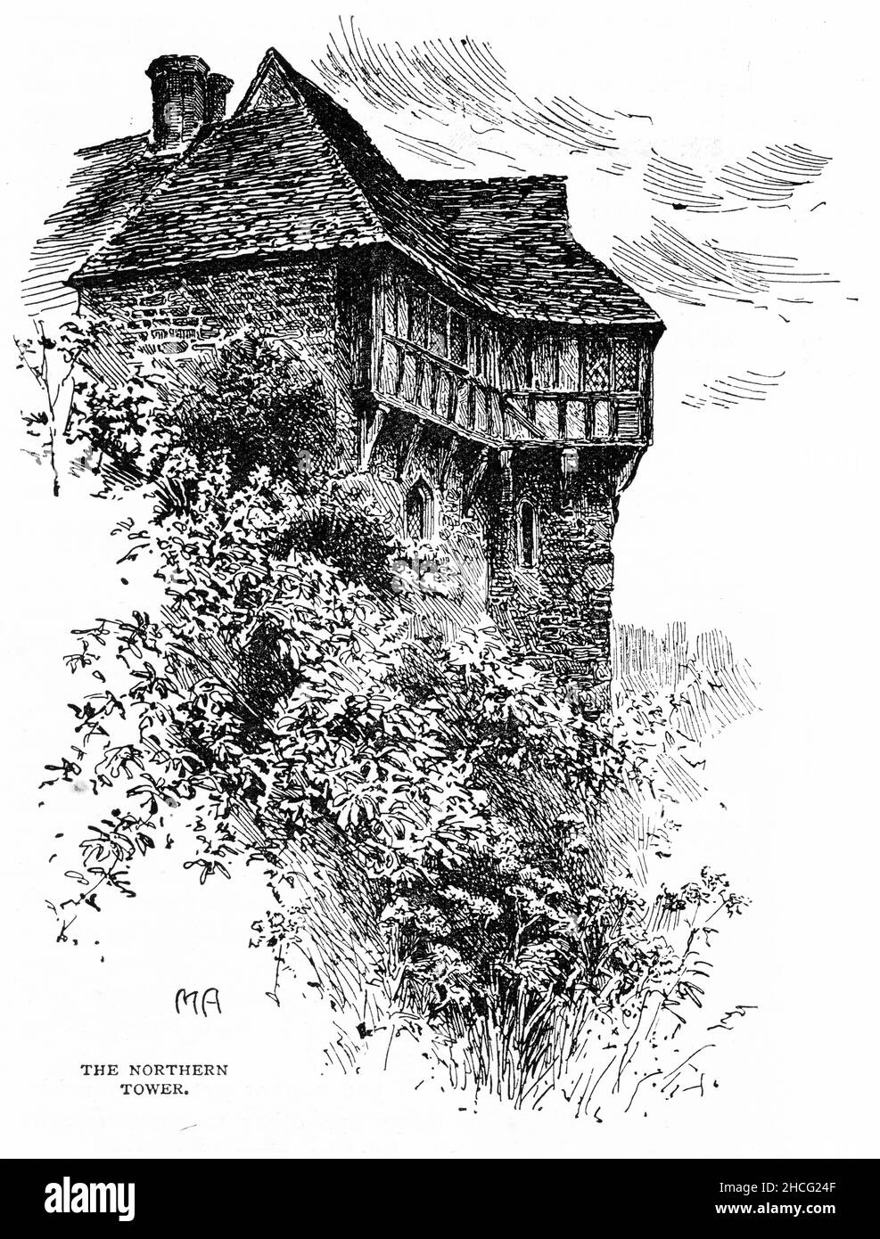 Incisione della torre settentrionale del Castello di Stokesay in Inghilterra. Pubblicato circa 1910 Foto Stock