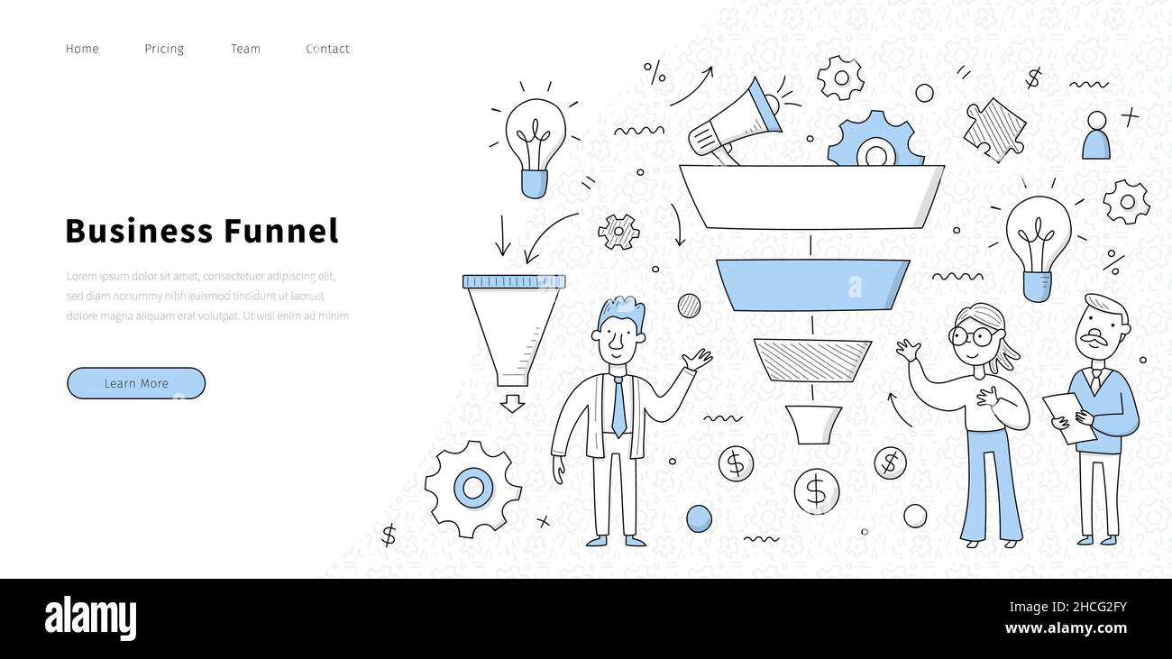 Business imbuto sito web con il team di persone e imbuto delle vendite. Vettore landing page della strategia di vendita del Internet con l'illustrazione del doodle del diagramma della gestione in linea del traffico del cliente Illustrazione Vettoriale