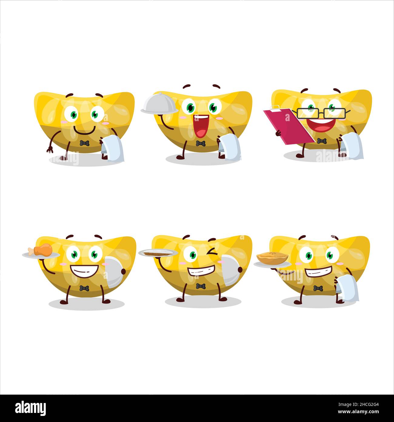 felice arancione gummy caramella cameriere personaggio cartoon tenendo un piatto. Illustrazione vettoriale Illustrazione Vettoriale
