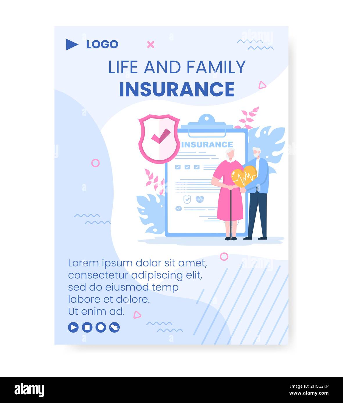 Family Life Insurance Poster Template Flat Design Editable Illustration Square background to Social Media or Greeting Card Illustrazione Vettoriale