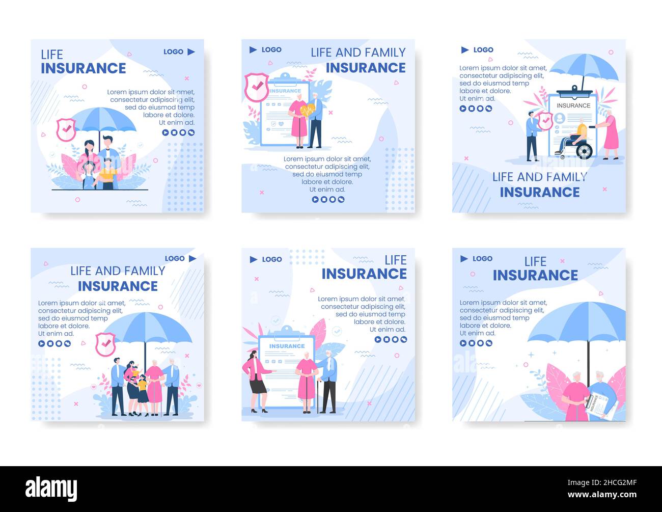 Family Life assicurazione post modello Flat Design Editable Illustration Square sfondo per i social media o biglietto d'auguri Illustrazione Vettoriale