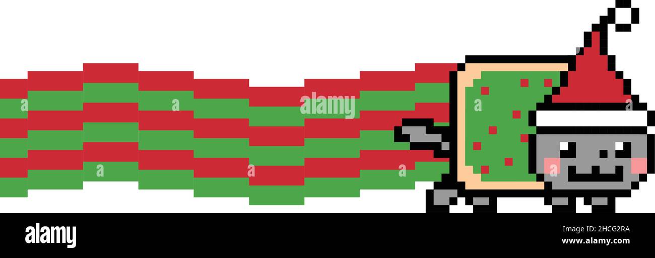 Gatto di Natale con fumo rosso e verde vettore meme isolato su sfondo bianco. Immagine vettoriale digitale piatta a colori a 8 bit Illustrazione Vettoriale