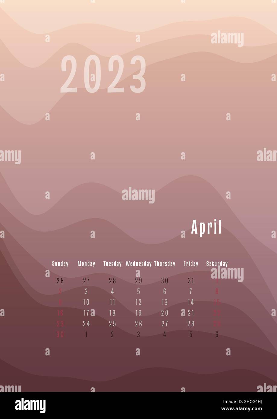 2023 aprile calendario verticale ogni mese separatamente. modello mensile di pianificazione personale. Silhouette Peak astratta sfumatura sfondo colorato, design per stampa e digitale. Illustrazione Vettoriale