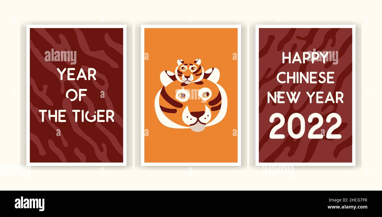 Set di 2022 cartolina cinese del nuovo anno, anno della tigre. Tiger e Tiger cucciolo illustrazione, striscia modello, nuovo anno saluti Illustrazione Vettoriale