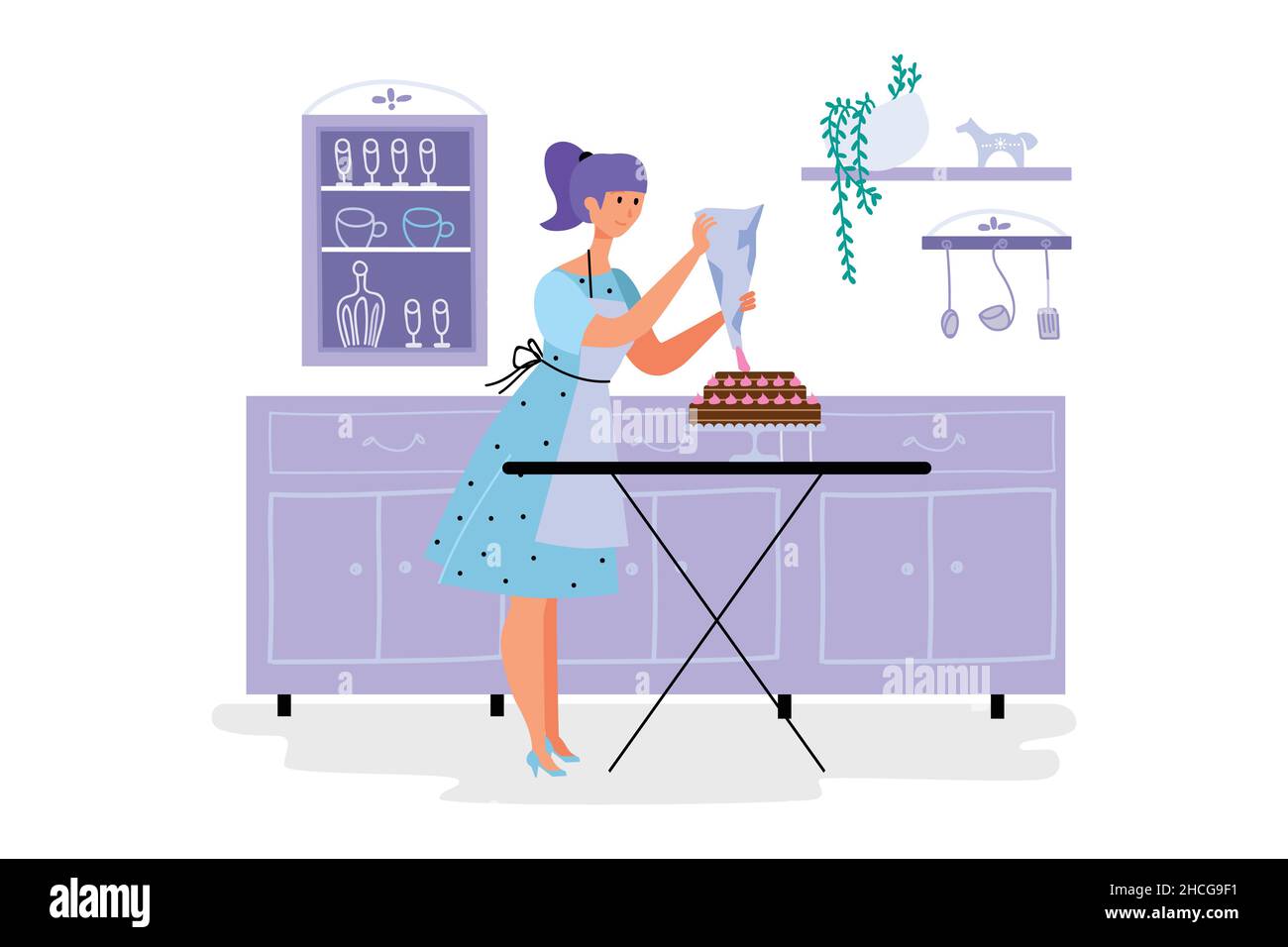 Giovane donna con grembiule che decora la torta in cucina. Arte della cottura. Illustrazione piatta a tema viola isolata su sfondo bianco Illustrazione Vettoriale