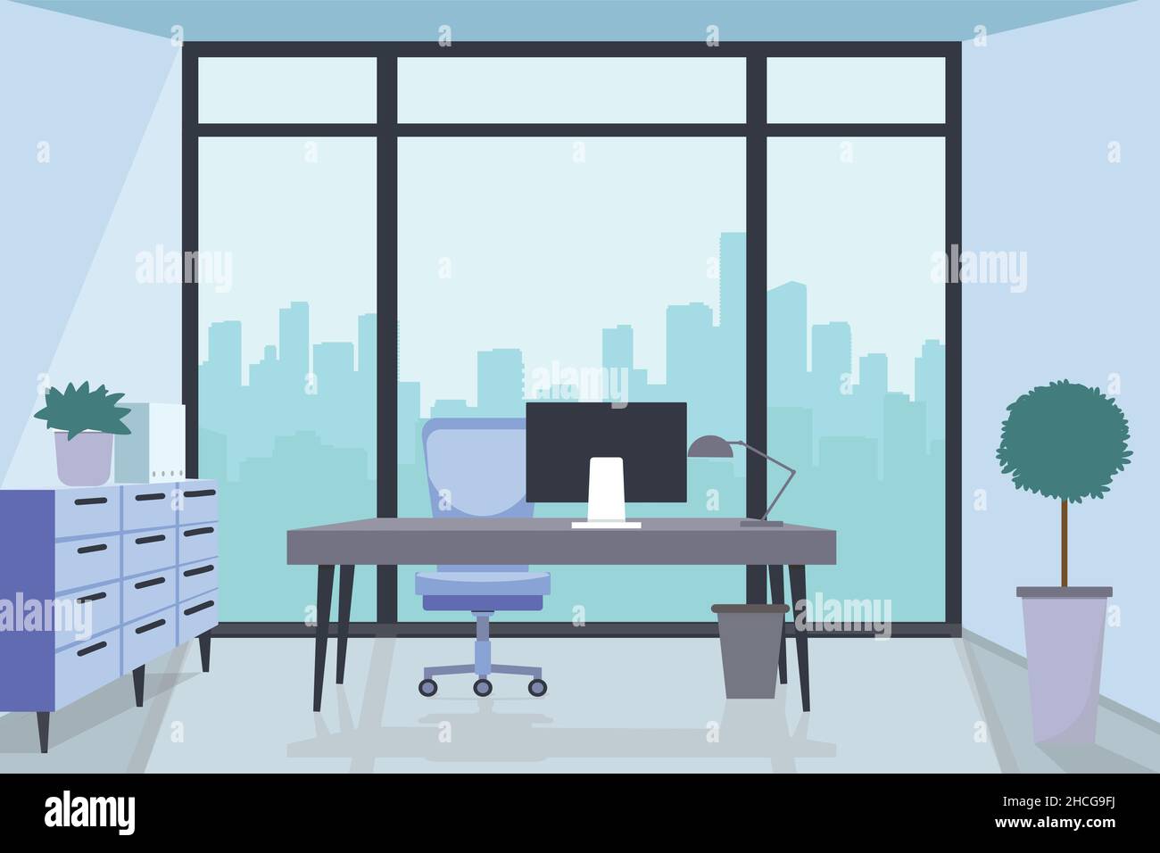 Ufficio interno con vista sulla città dalla finestra. Illustrazione vettoriale piatta di colore blu. Direttore scrivania, stabilimento e cabinet privati. Illustrazione Vettoriale