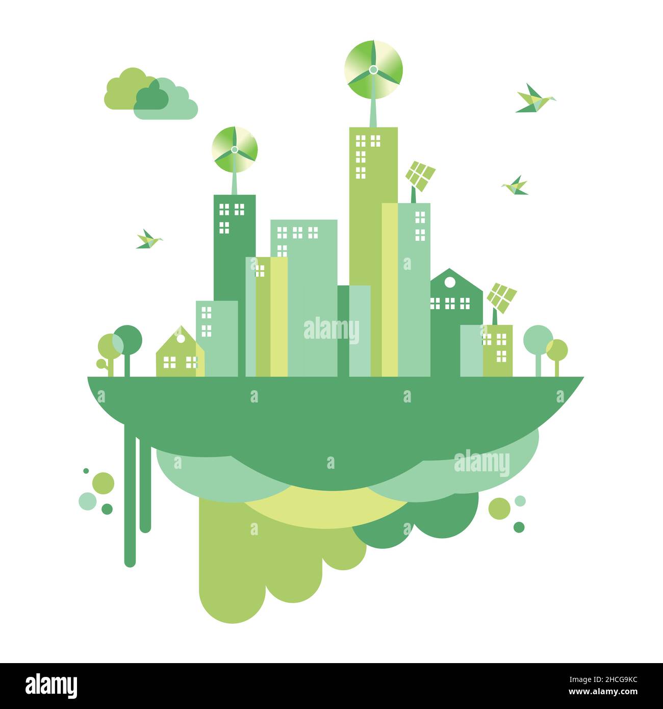 città eco-compatibile con il concetto di "go green". Uso moderno dell'energia naturale per preservare l'energia e uno stile di vita più sano nel prossimo futuro. Vettore piatto Illustrazione Vettoriale