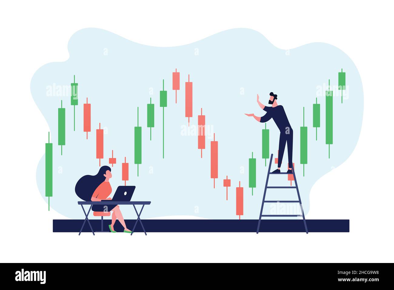 Analista esperto studiando movimento di stock di verde e rosso candela bastone modello. Crypto trading di valuta, hedge fund, investimenti a lungo e breve termine Illustrazione Vettoriale