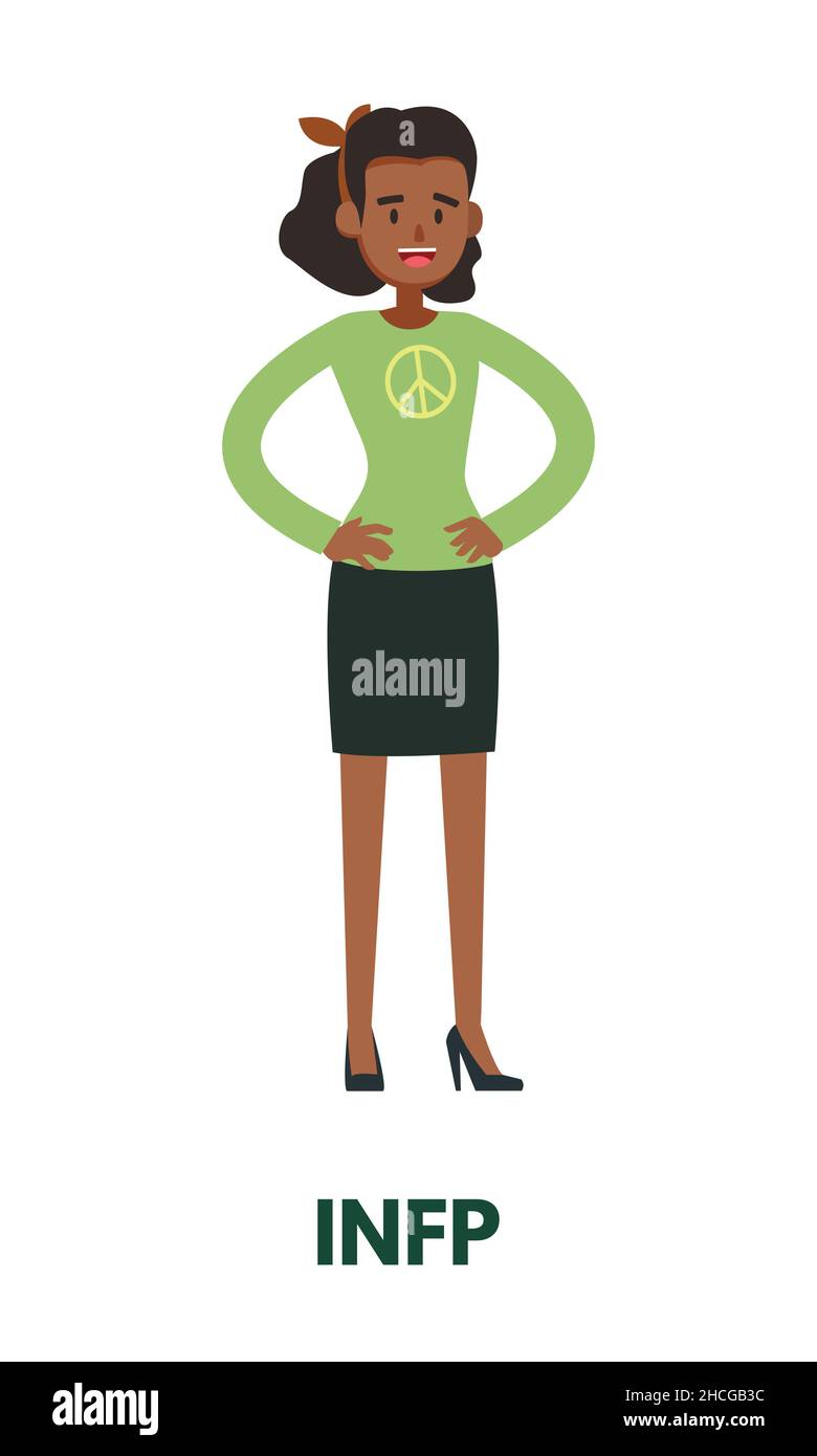 Campagna di pace mediatore donna nera in abbigliamento verde rappresentante  INFP diplomatici tipo di personalità da MBTI. Vettore piatto ART isolato su  bianco Immagine e Vettoriale - Alamy