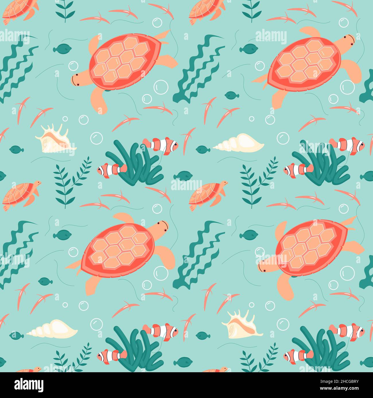 Motivo intimo senza cuciture con tartarughe e pesci di mare su sfondo acquamarina. Illustrazione Flat Art. Foto Stock