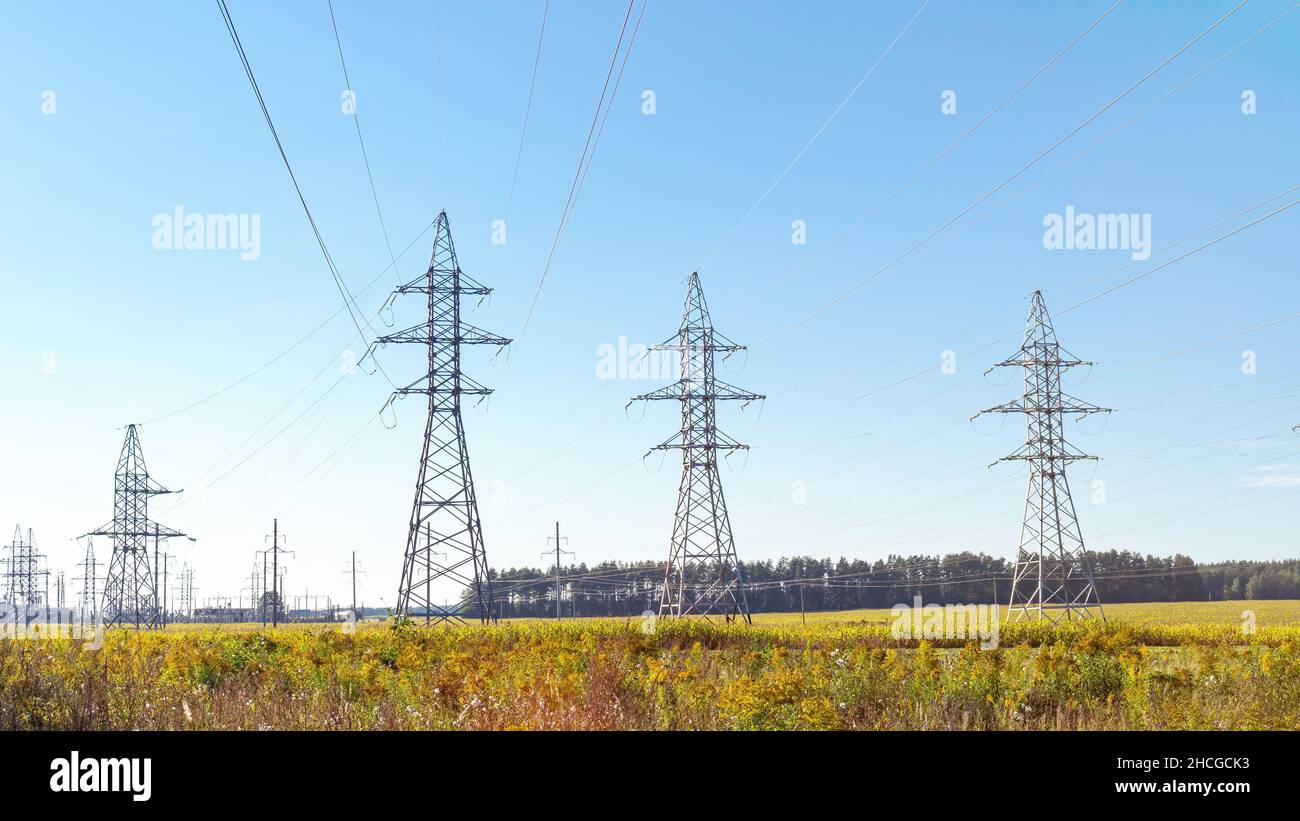 Torri ad alta tensione con sfondo cielo blu. Linee elettriche aeree sullo sfondo della foresta e del campo verde. Trasmissione di energia elettrica attraverso l'alimentazione Foto Stock