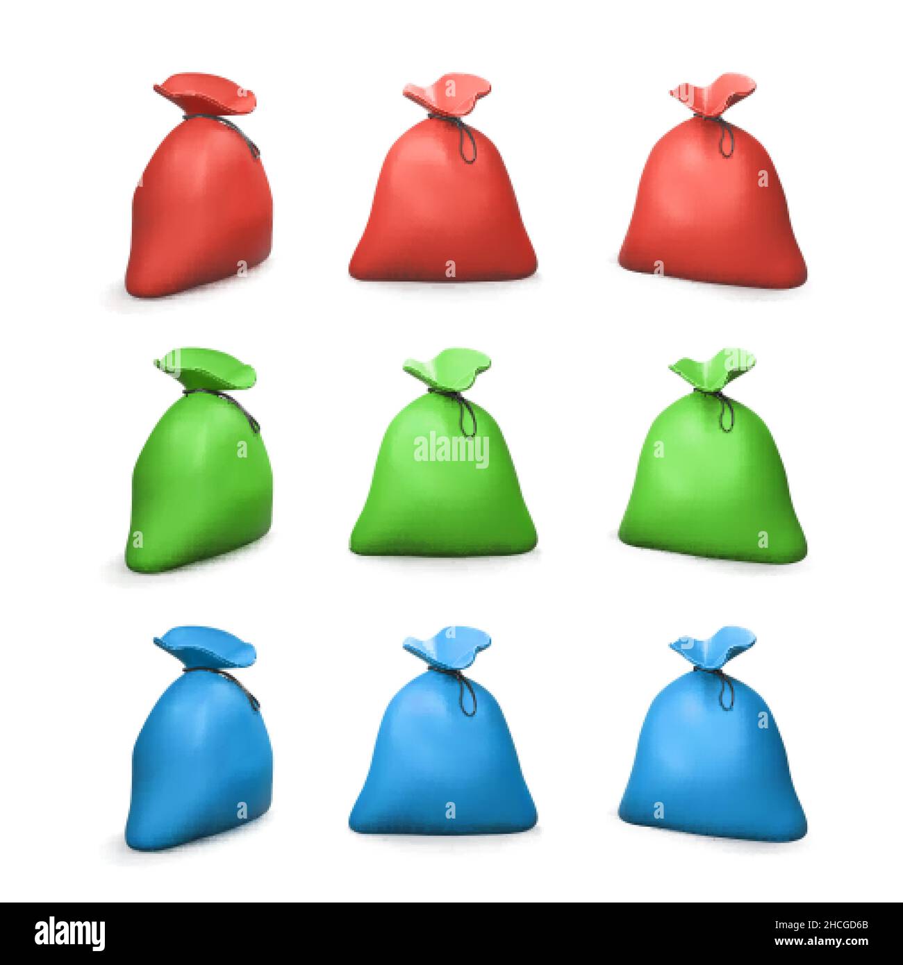Borsa o sacco in tessuto cartoon realistico con cravatta di paglia e cintura in pelle. Set di sacchetti di colore rosso verde e blu. Illustrazione vettoriale Illustrazione Vettoriale