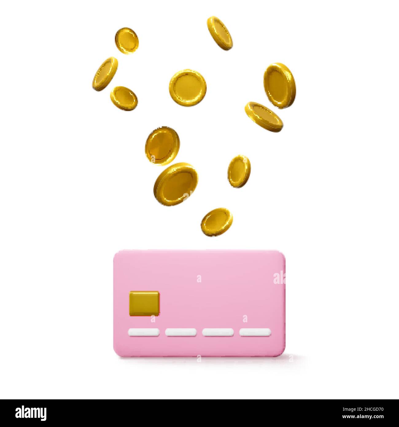 Carta di credito in stile cartone animato e monete d'oro in caduta. Operazioni bancarie. Operazioni e pagamenti finanziari. Carta di credito per pagamento online o shopping Illustrazione Vettoriale