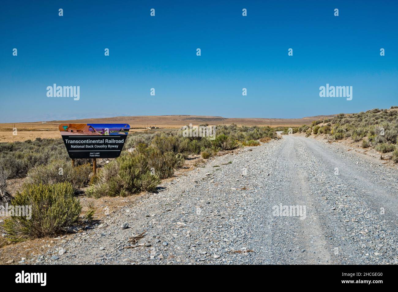 Insegna a Transcontinental Railroad Byway, Central Pacific Railroad Grade, Golden Spike National Historical Park, Great Basin Desert, Utah, USA Foto Stock