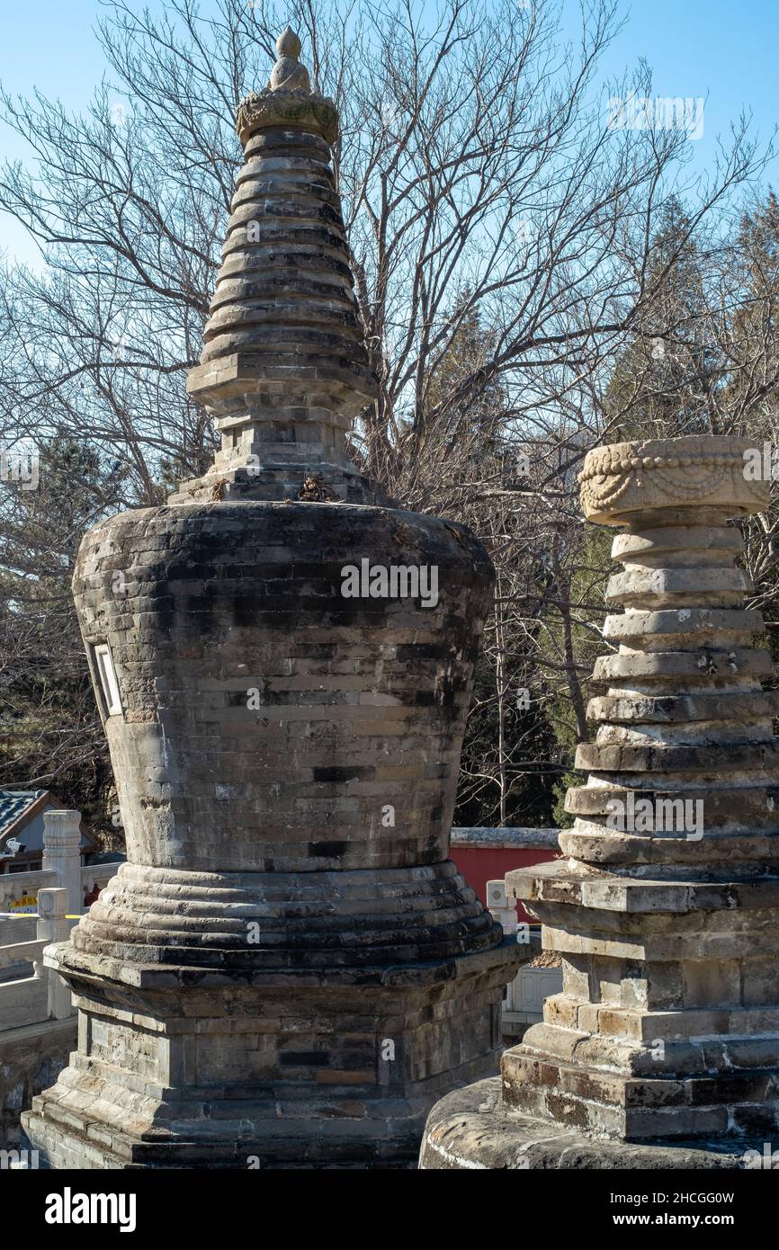 Due pagode tomba nel Tempio di Tanzhe situato nelle colline occidentali, un'area montagnosa nella Pechino occidentale, Cina. 29-dic-2021 Foto Stock