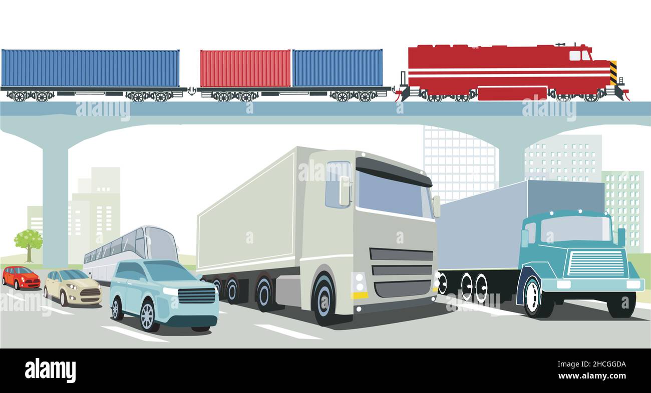 Autostrada con trasporto camion e treno merci Illustrazione Vettoriale