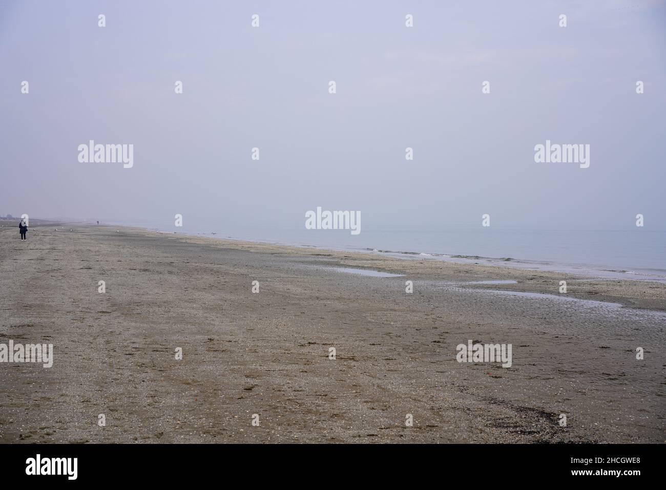 Una camminatrice solitaria sulla spiaggia sabbiosa dell'Isola del Lido, Venezia. Foto Stock