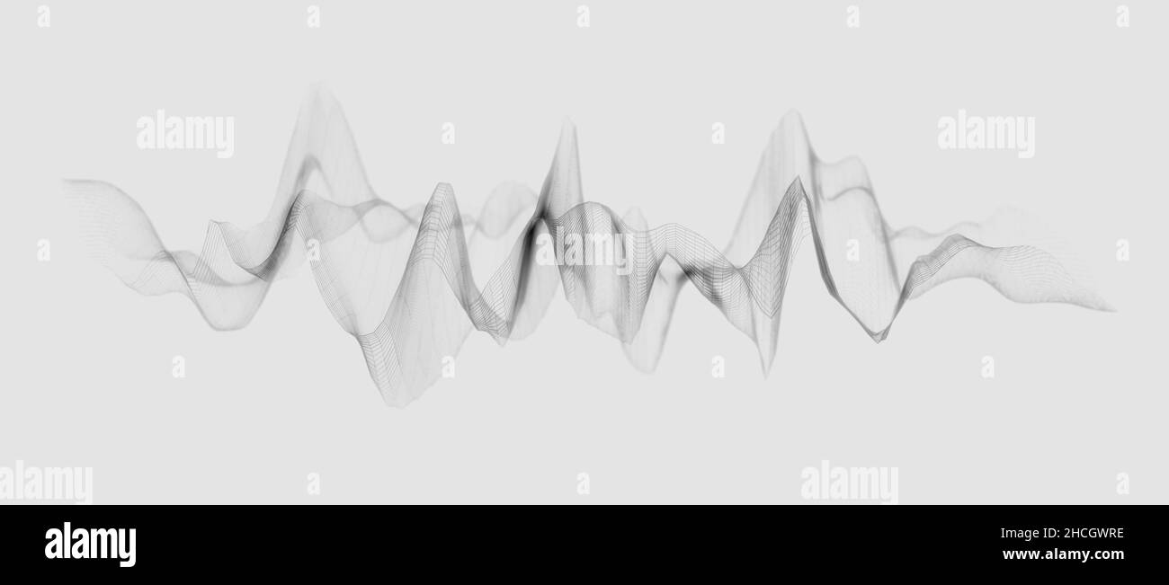 Forma d'onda a reticolo oscura astratta o struttura poligonale su sfondo bianco, visualizzazione delle onde sonore Foto Stock
