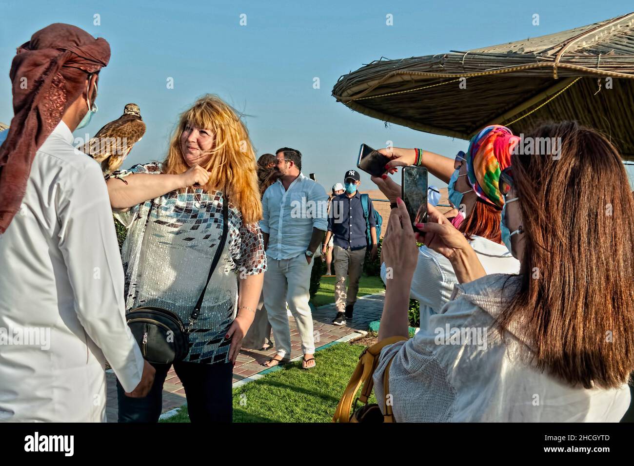 I turisti scattano foto con un falco,Dubai, Emirati Arabi Uniti, Medio Oriente, Foto Stock