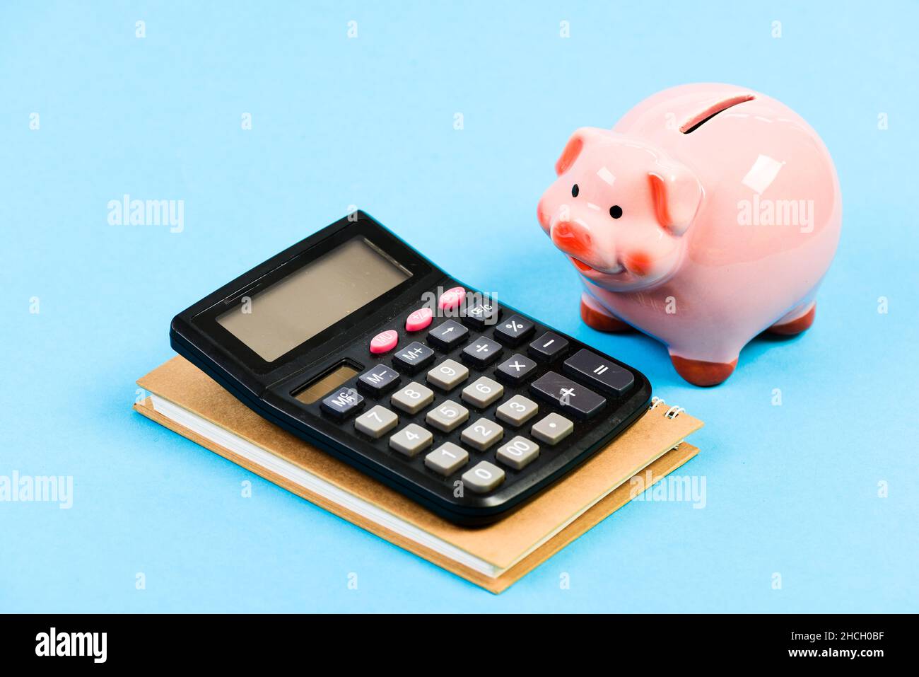 contabilità, rapporto finanziario, risparmio di denaro. Contabilità e libro paga. Moneybox con calcolatore. Piggy banca. Pianificazione del bilancio di conteggio. Commerece Foto Stock