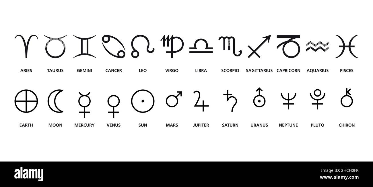 Simboli di segni astrologici e pianeti. Simboli utilizzati frequentemente in astrologia, inclusi segni di zodiaco, Terra, Sole, Luna, i pianeti e Chirone. Foto Stock