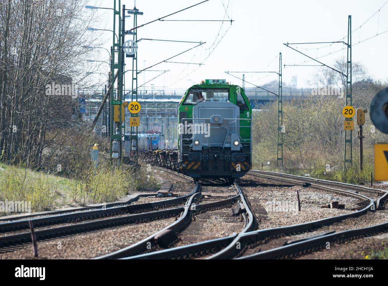 Locomotiva e treno nel porto di Göteborg, Svezia Foto Stock