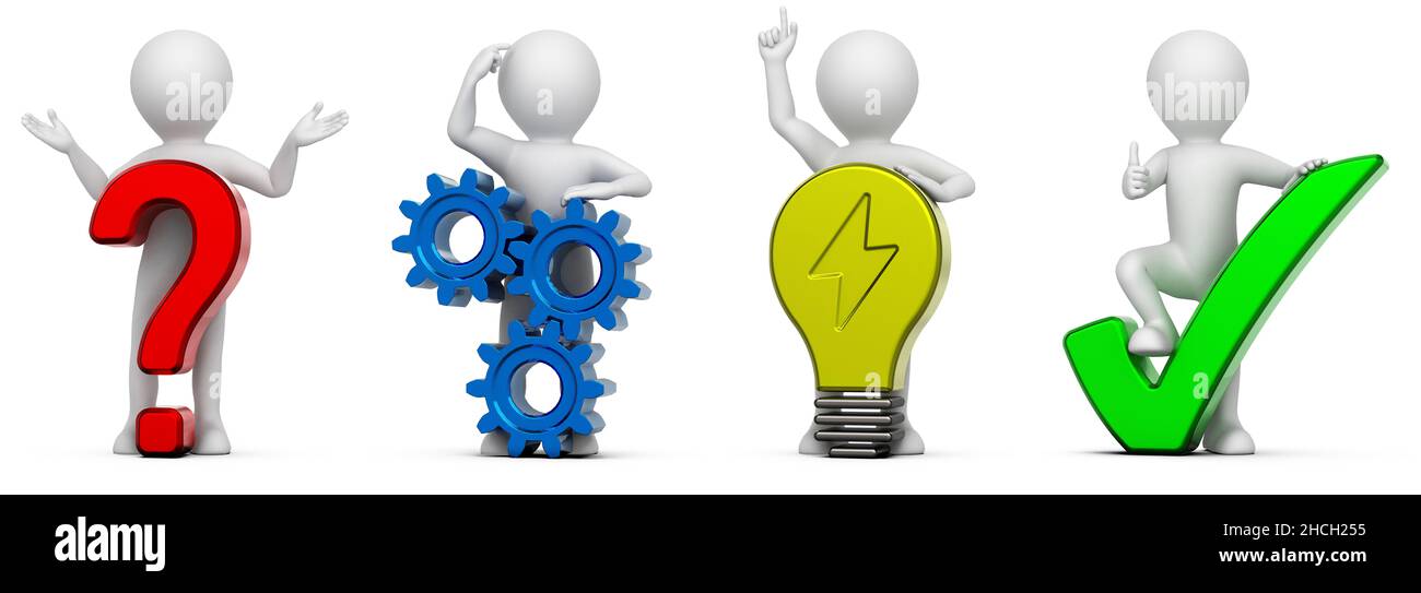 Caratteri cartoni animati bianchi con diversi simboli, problema, idea, soluzione ed esecuzione, isolati su sfondo bianco, rendering 3D Foto Stock