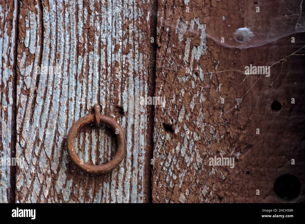 Porta in legno con vernice per peeling e anello metallico Foto Stock