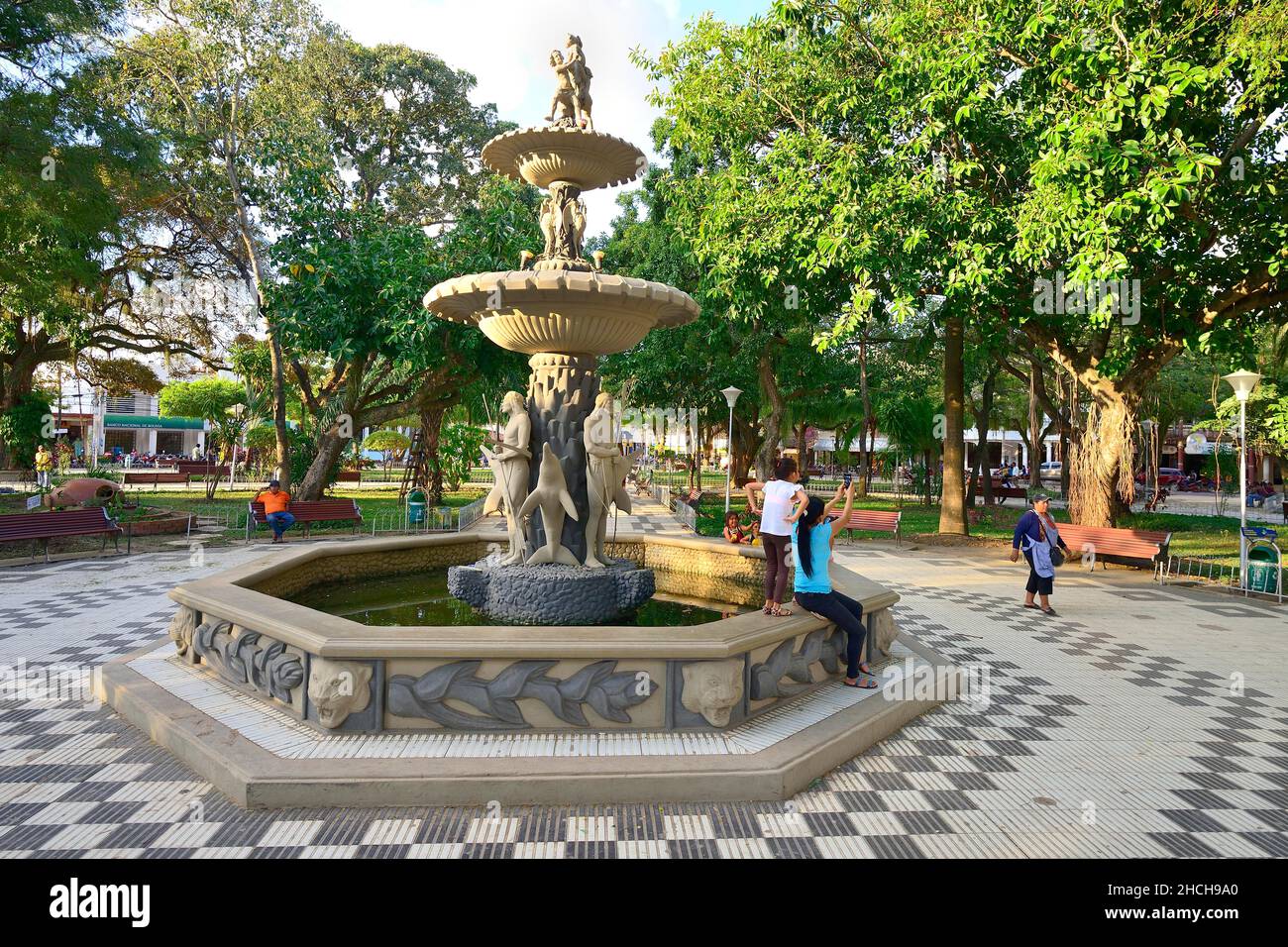 Fontana nella Plaza Central, Trinidad, Dipartimento di Beni, Bolivia Foto Stock