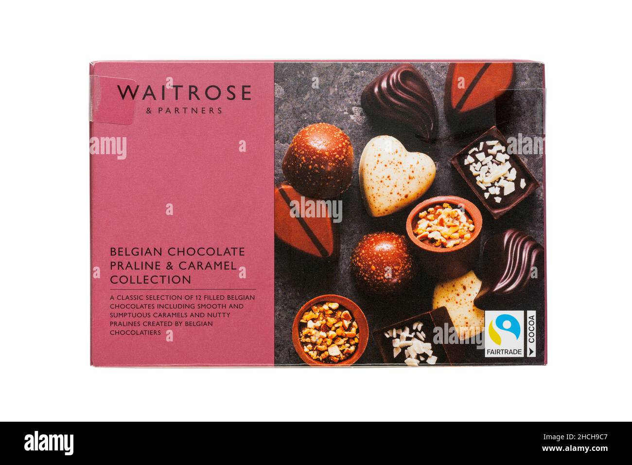 Collezione belga di pralina al cioccolato e caramello di Waitrose una classica selezione di 12 cioccolatini belgi ripieni, tra cui un carame morbido e sontuoso Foto Stock