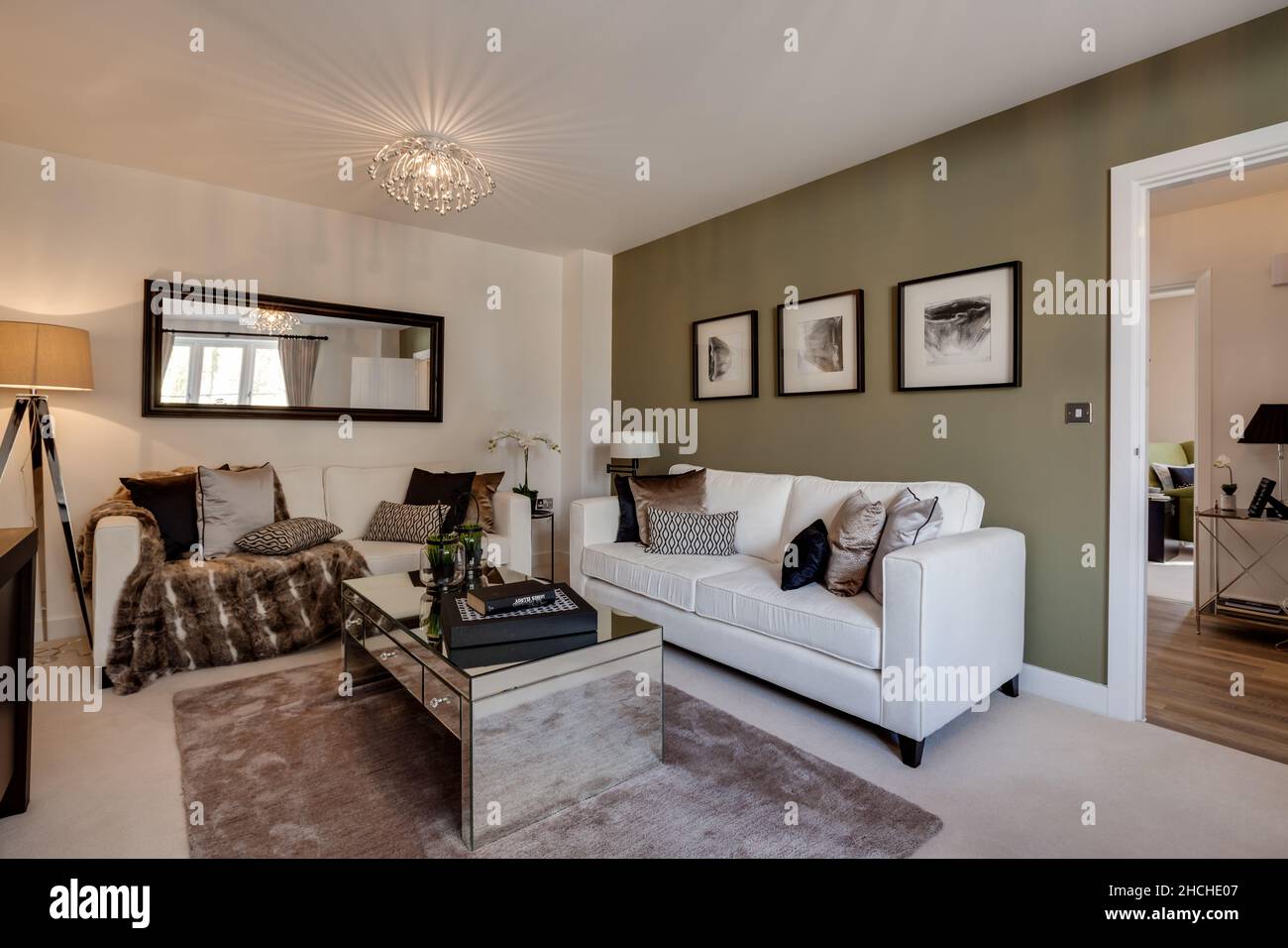 Kentford, Suffolk, Inghilterra - Feb 25 2016: Moderno show home soggiorno  contemporaneo vestito con mobili moderni di lusso con corridoio oltre Foto  stock - Alamy