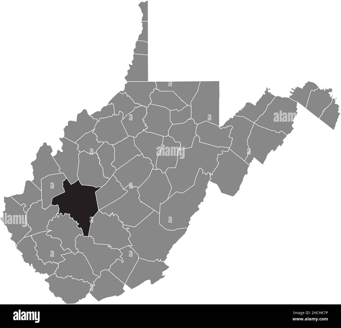 Mappa della zona evidenziata in nero della contea di Kanawha all'interno della mappa amministrativa grigia dello stato federale della Virginia occidentale, USA Illustrazione Vettoriale