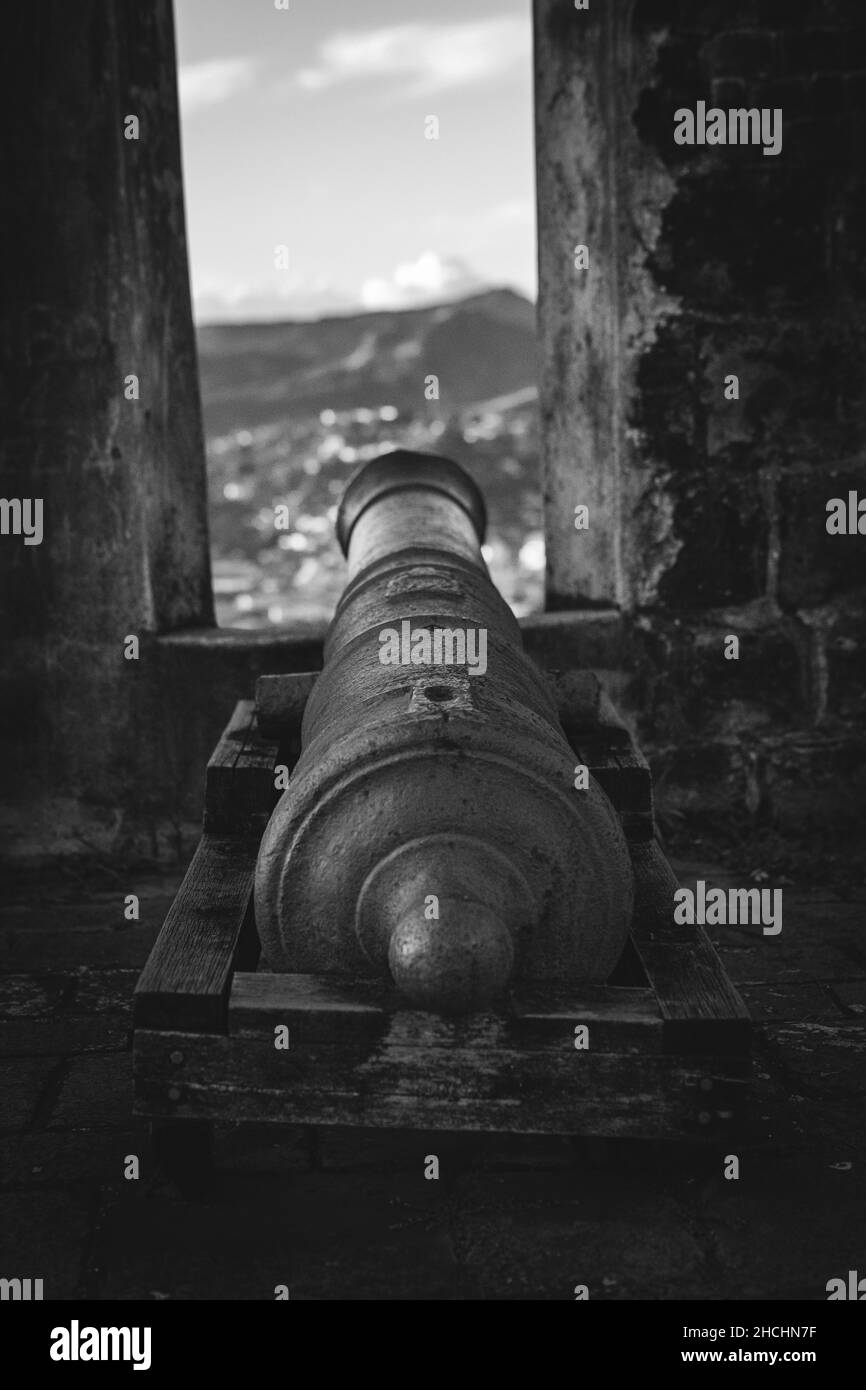 Scala di grigi verticale di un cannone vintage che guarda fuori da una finestra Foto Stock
