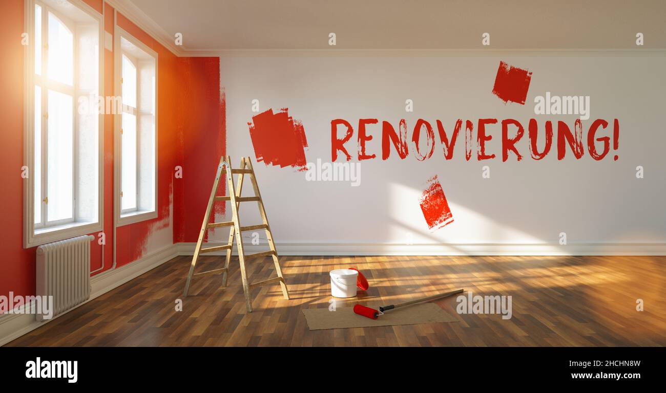 Renovierung (tedesco per: Ristrutturazione di una stanza) scritto su parete con vernice fresca, parete di pittura rossa in camera di un appartamento dopo il trasferimento, con ladd Foto Stock
