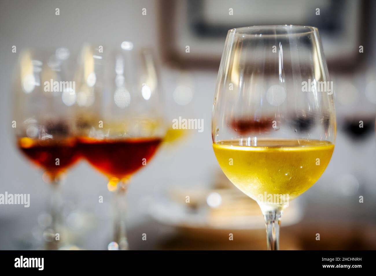 Varietà di vini durante la degustazione nella cantina di Azeitao, Portogallo Foto Stock