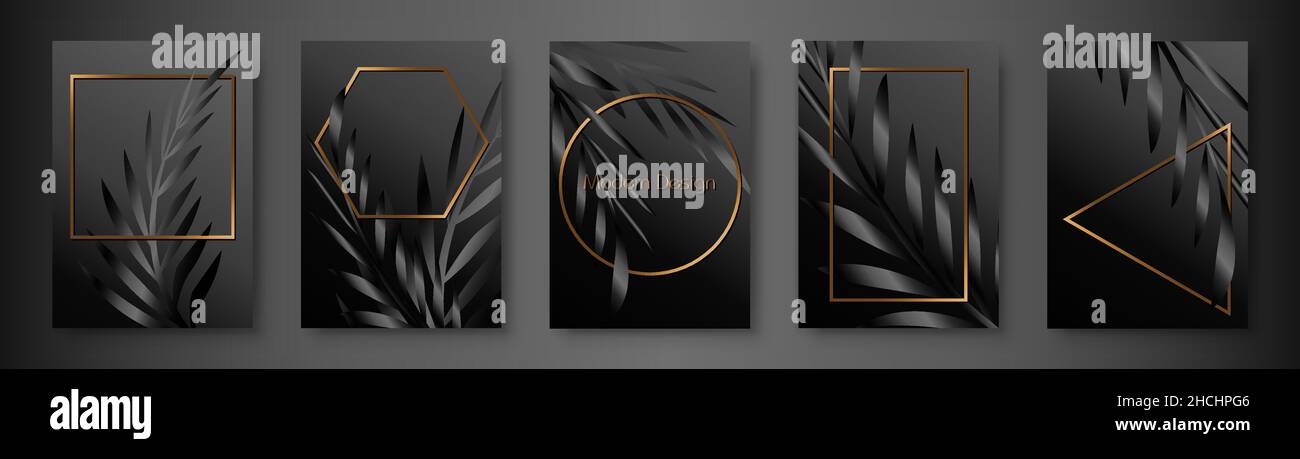 Copertina tropicale con ramo di palma, stampa a foglia nera su sfondo sfumato scuro e cornici geometriche dorate per matrimoni floreali vettoriali Illustrazione Vettoriale