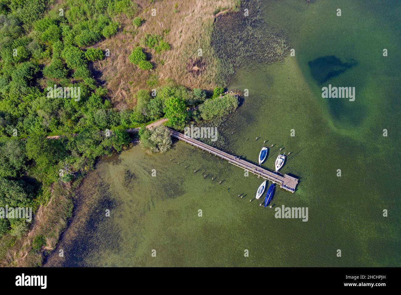 Vista aerea sulle barche a vela ormeggiate al molo di legno nel lago Ratzeburger / Ratzeburger See in estate, Schleswig-Holstein, Germania Foto Stock