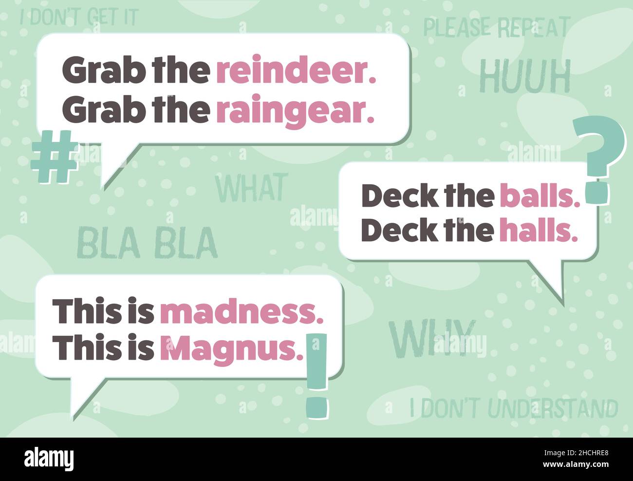 Esempi multipli con parole e significati incomprensivi per bambini e adulti con problemi uditivi, come il disturbo uditivo centrale, Illustrazione Vettoriale