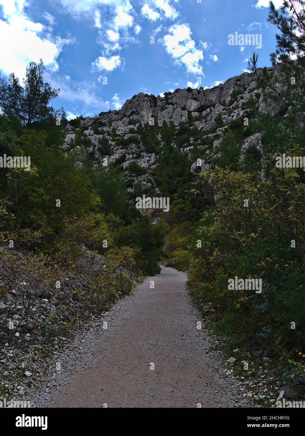 Vista del percorso escursionistico con prospettiva decrescente in una gola vicino Calanque d'en-Vau nel Parco Nazionale di Calanques vicino Cassis, Costa Azzurra. Foto Stock