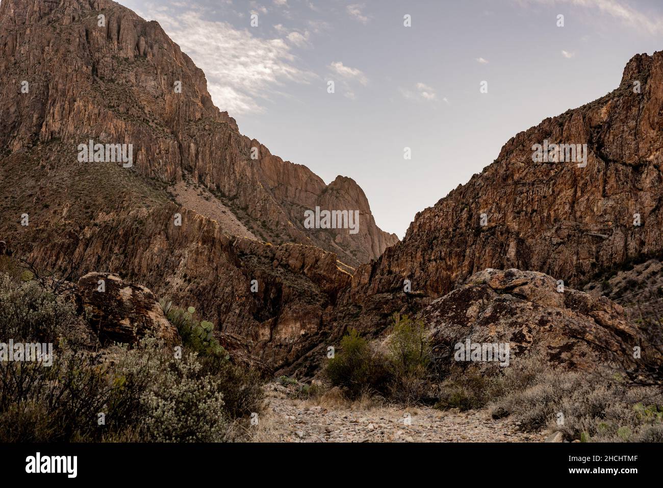 Le montagne Window e Chisos dal basso nel Parco Nazionale di Big Bend Foto Stock