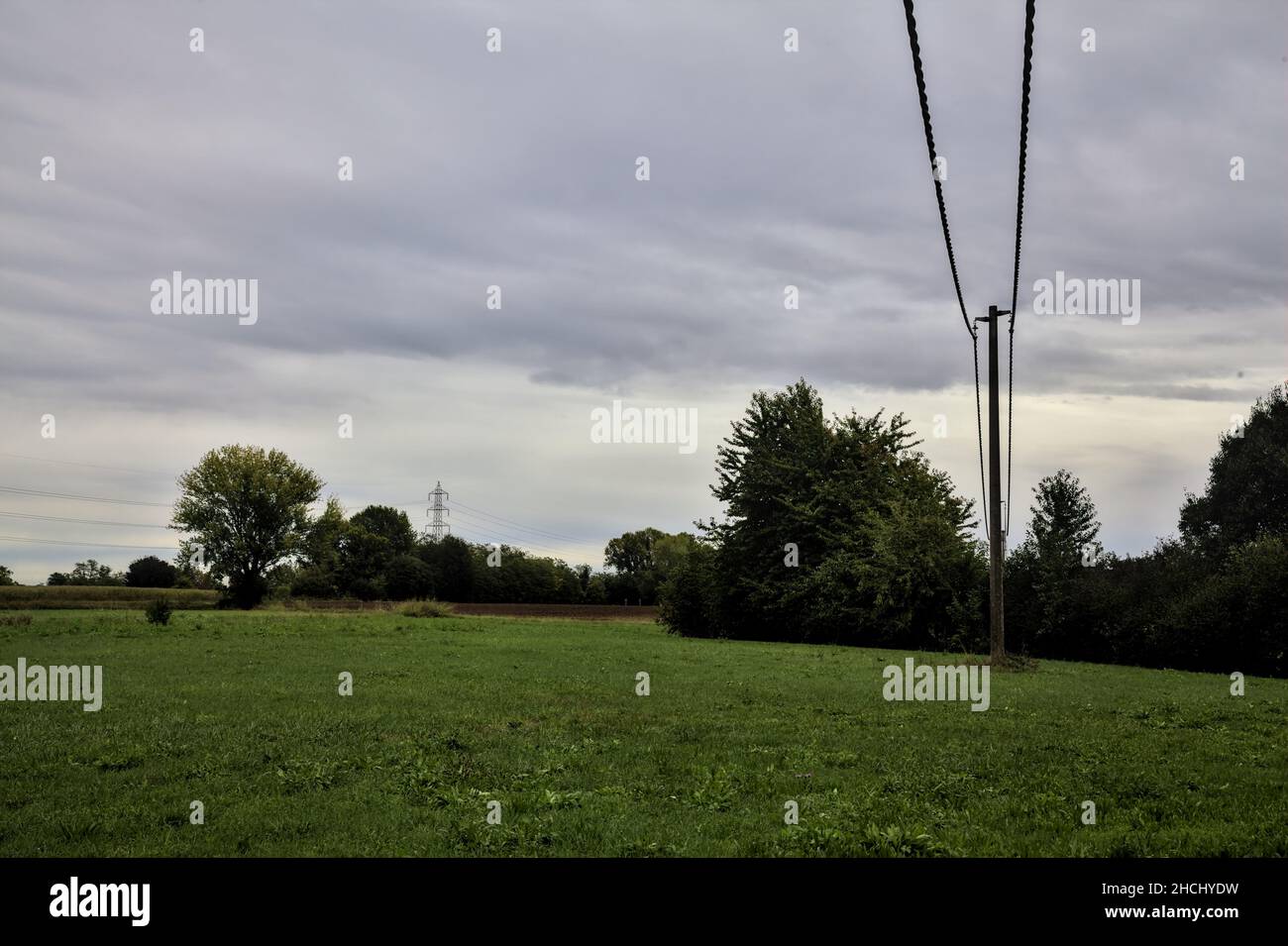 Campo con piloni e alberi di elettricità nella campagna italiana in una giornata nuvolosa in autunno Foto Stock