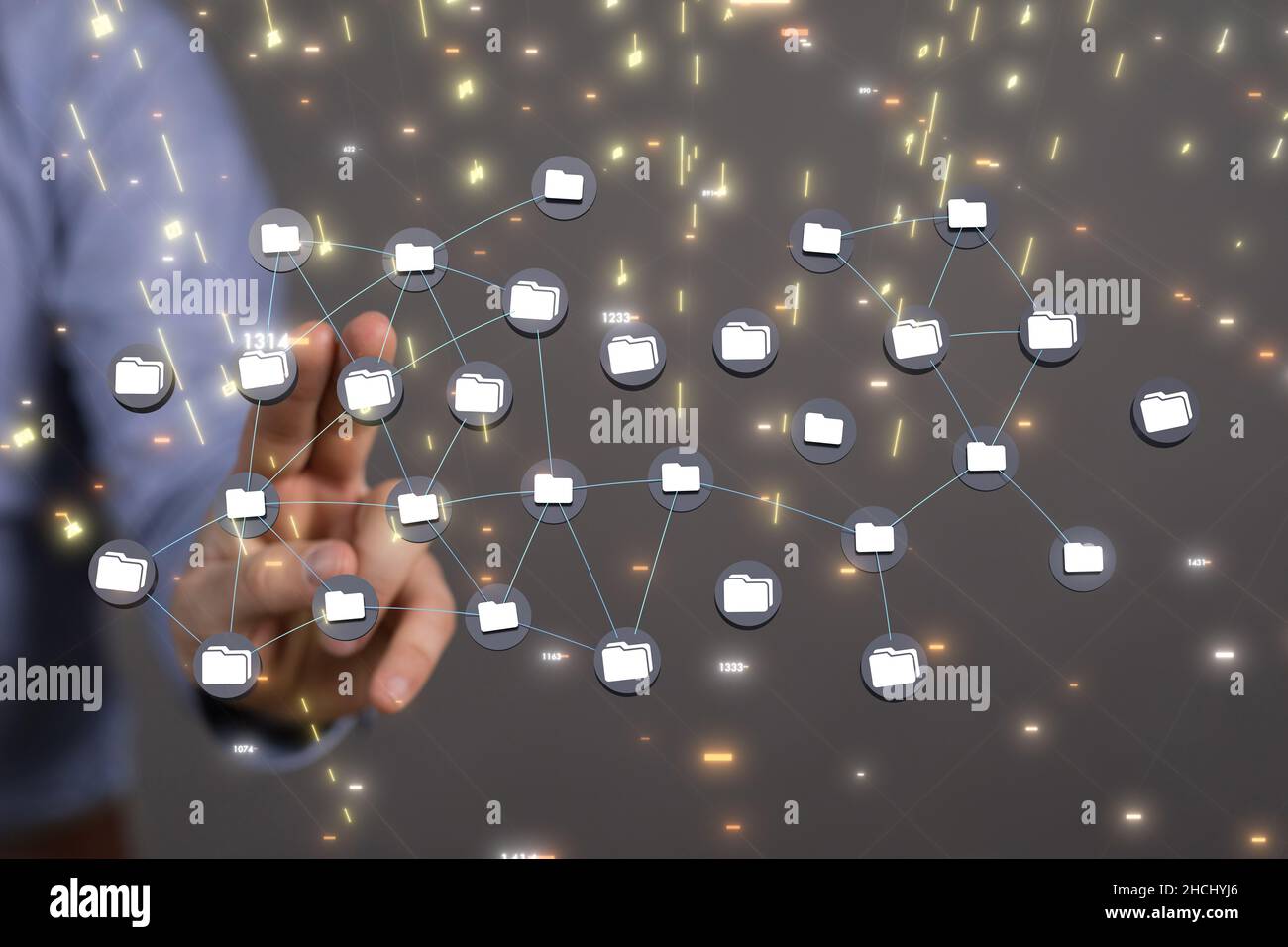 3D rendering delle icone digitali sullo sfondo di una mano / concetto di dati Foto Stock