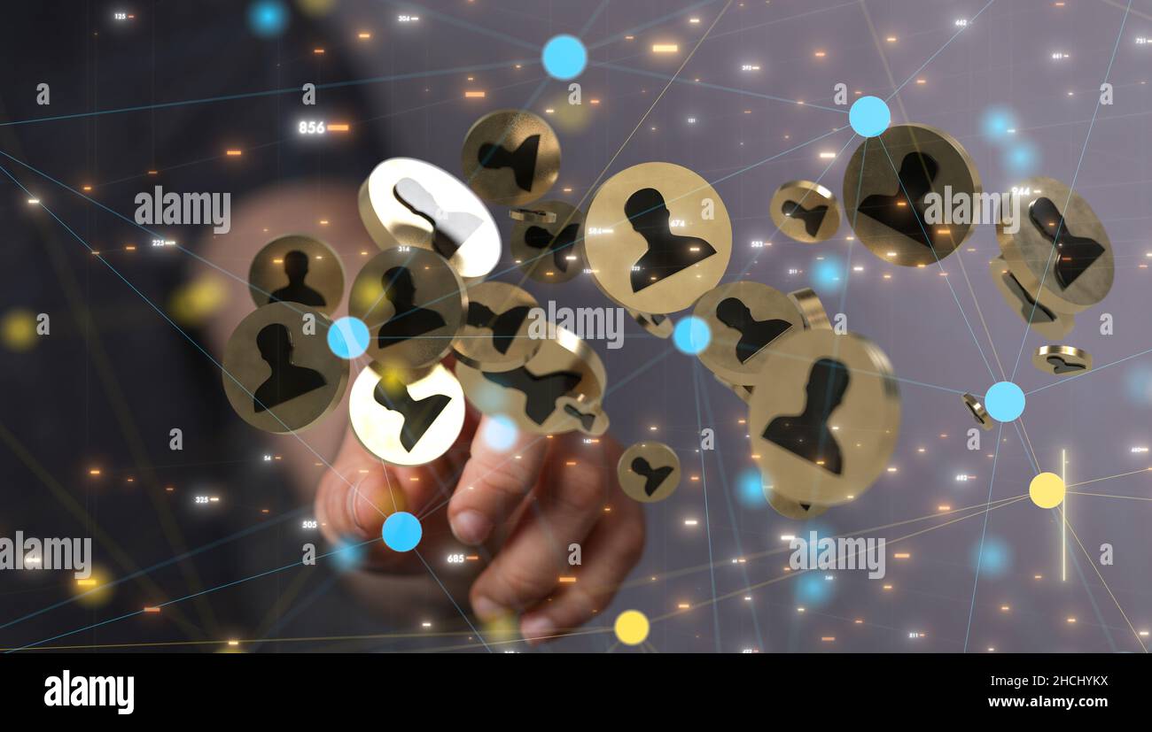 E le comunicazioni di sfondo tematico con icone digitali fluttuanti davanti alle mani Foto Stock