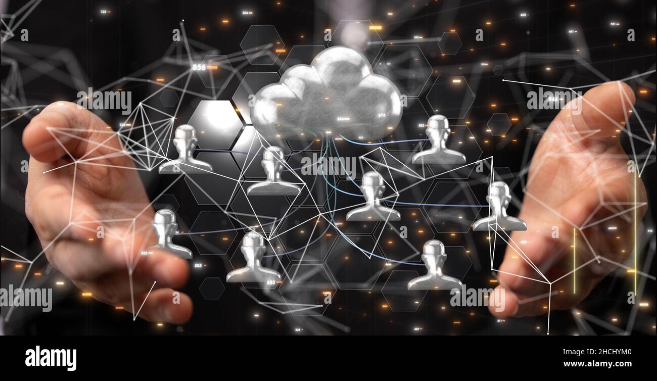 Primo piano delle mani che mostrano le icone di connessione alla rete digitale Foto Stock