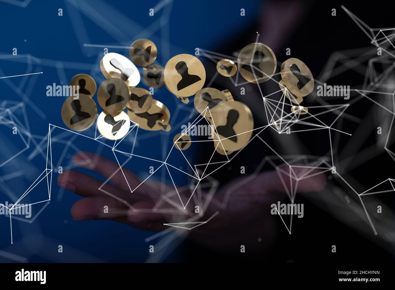 Primo piano di una mano che mostra le icone della connessione di rete digitale Foto Stock