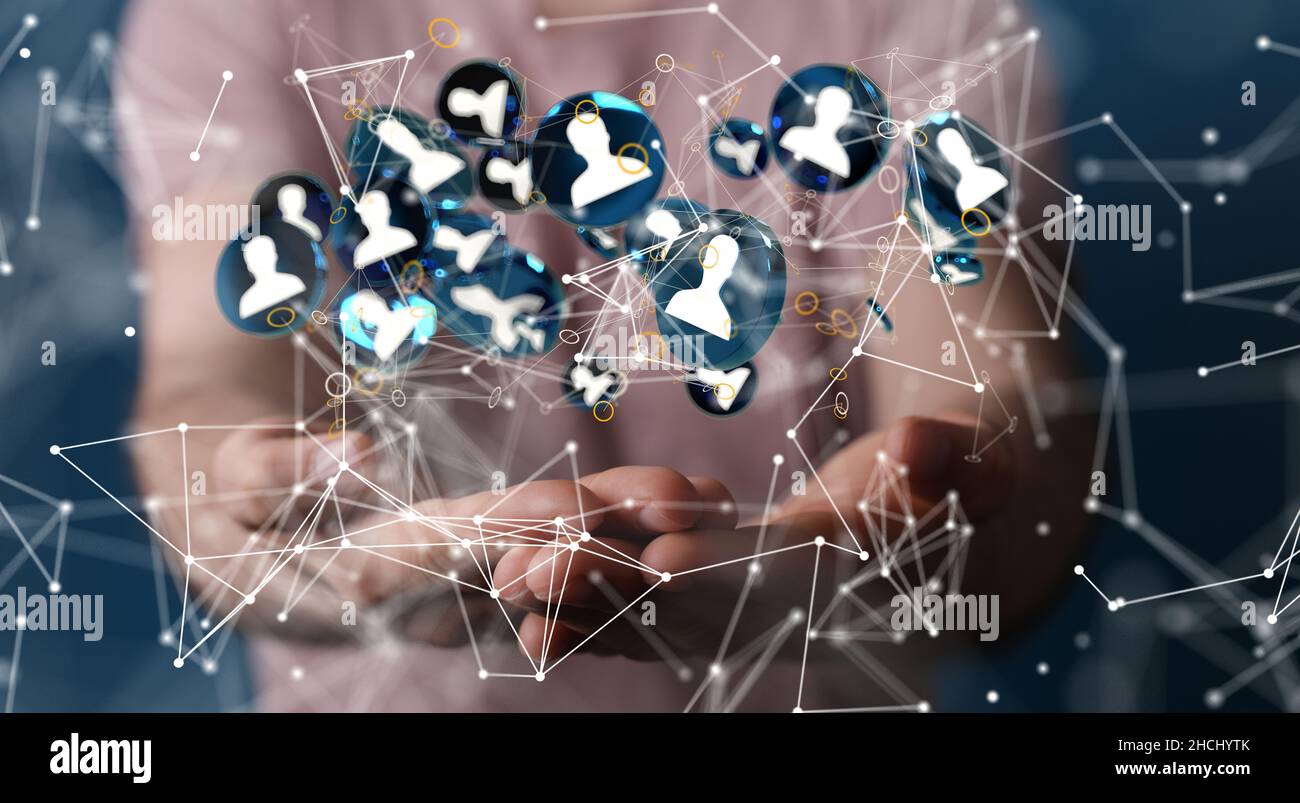 E le comunicazioni di sfondo tematico con icone digitali fluttuanti davanti alle mani Foto Stock