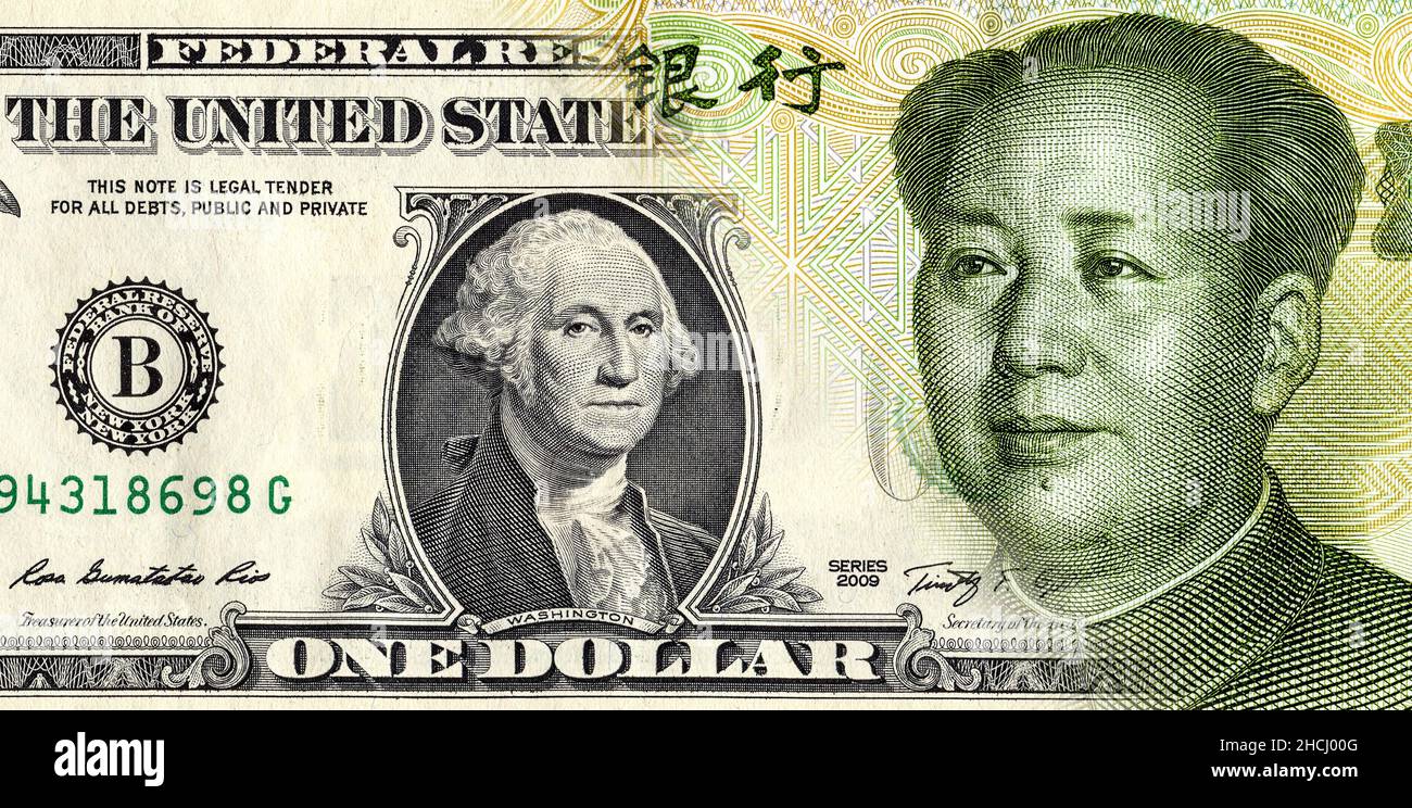 Un dollaro americano senza intoppi nello yuan cinese del 1. Concetto aziendale Foto Stock